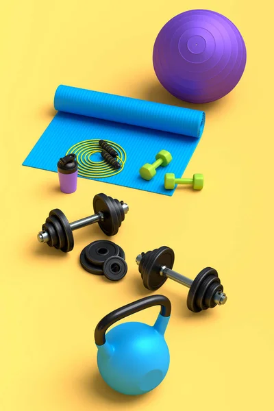 瑜伽垫 健身球和黄色背景的智能手表等运动器材的等距视图 3D渲染动力升降概念 — 图库照片