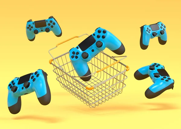 Set of lying gamer joysticks or gamepads in metal wire basket on yellow background. 3d render concept of sale, discount, shopping and delivery of accessories for live streaming concept top view