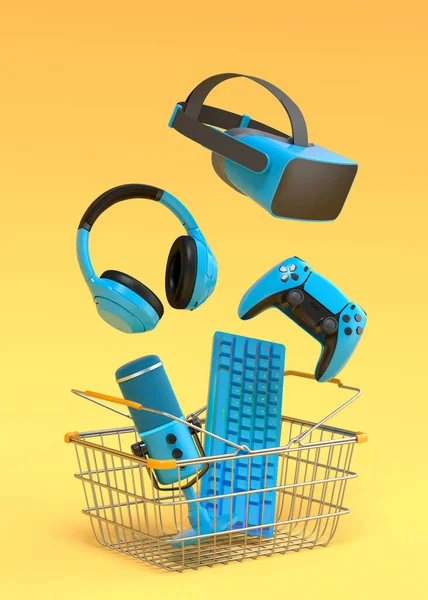 Flying gamer gears like mouse, keyboard, joystick, headset, VR Headset in metal wire basket on yellow background. 3d render concept of sale, shopping and delivery of accessories for live streaming
