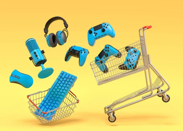 Flying gamer gears like mouse, keyboard, joystick, headset, VR Headset in shopping carts and basket on yellow background. 3d render of sale, shopping and delivery of accessories for live streaming