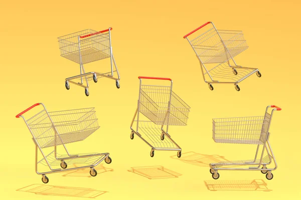 Set of flying shopping carts or trolley for groceries on yellow background. 3d render concept of sale, discount, shopping and delivery