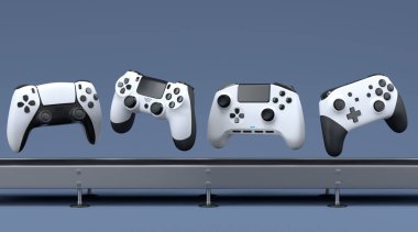 Oyun joystickleri ya da oyun koruyucuları siyah arka planda fabrika hattında. 3D satış, indirim, alışveriş ve canlı yayın konsepti aksesuarları sunma kavramı üst görünüm