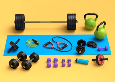 Yoga minderi, kettlebell, fitness topu ve sarı arka plandaki akıllı saatler gibi spor malzemelerinin farklı bir görüntüsü. Güç kaldırma ve zindelik kavramının 3 boyutlu canlandırması