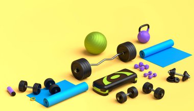 Yoga minderi, kettlebell, fitness topu ve sarı arka plandaki akıllı saatler gibi spor malzemelerinin farklı bir görüntüsü. Güç kaldırma ve zindelik kavramının 3 boyutlu canlandırması