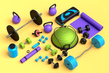 Yoga minderi, kettlebell, fitness topu ve sarı arka plandaki akıllı saatler gibi spor malzemelerinin farklı bir görüntüsü. Güç kaldırma ve zindelik kavramının 3 boyutlu canlandırması
