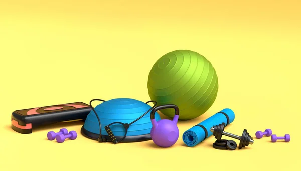 Isometric view of sport equipment like yoga mat, kettlebell, fitness ball and smart watches on yellow background. 3d render of power lifting and fitness concept