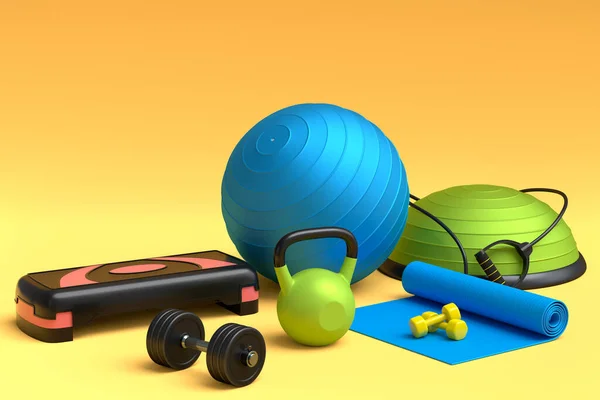 瑜伽垫 健身球和黄色背景的智能手表等运动器材的等距视图 3D渲染动力升降概念 — 图库照片