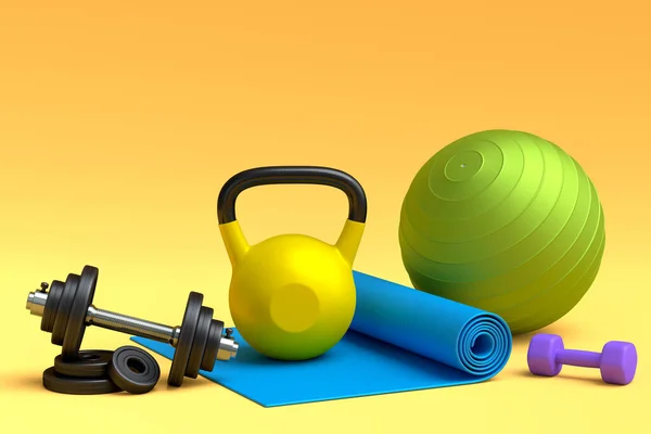 Yoga Minderi Kettlebell Fitness Topu Sarı Arka Plandaki Akıllı Saatler — Stok fotoğraf
