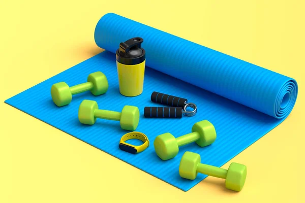Isometric view of sport equipment like yoga mat, dumbbell, water bottle and smart watches on yellow background. 3d render of power lifting and fitness concept