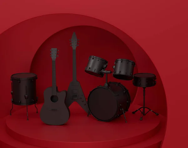 Acoustic guitars and drums with cymbals on podium or pedestal on monochrome background. 3d render of display product like musical percussion instrument