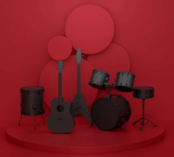 Acoustic guitars and drums with cymbals on podium or pedestal on monochrome background. 3d render of display product like musical percussion instrument
