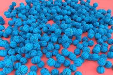 Birçok uçan mavi basketbol topu pembe arka fona düşüyor. Takım oyunu, egzersiz ve yarışma için 3D spor aksesuarları hazırlamaName