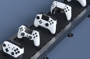Oyun joystickleri ya da oyun koruyucuları siyah arka planda fabrika hattında. 3D satış, indirim, alışveriş ve canlı yayın konsepti aksesuarları sunma kavramı üst görünüm