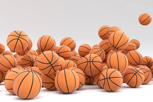 白い背景に落ちるオレンジ色のバスケットボールの多く ゲーム エクササイズ 競技のためのスポーツアクセサリーの3Dレンダリング — ストック写真