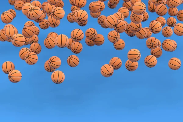 Many of flying orange basketball ball falling on blue background. 3d render of sport accessories for team playing games, exercise and competition