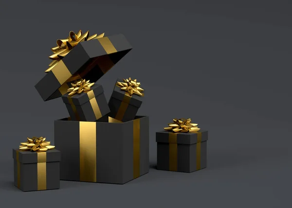 リボンと弓飛んで黒の背景に落ちるとギフトボックス 挨拶デザインの3Dレンダリングの概念誕生日 メリークリスマス ブラックフライデー — ストック写真