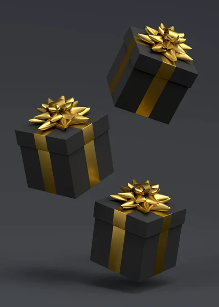 Gift Boxes Ribbon Bow Flying Falling Black Background Render Concept — Stock Photo, Image