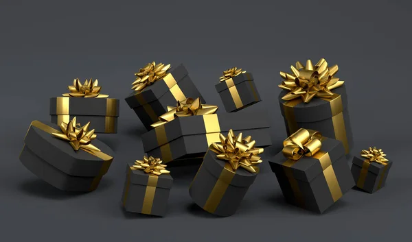 礼品盒上有彩带 弓箭飘扬 落在黑色背景上 三维渲染问候设计的概念生日 圣诞快乐 黑色星期五 — 图库照片