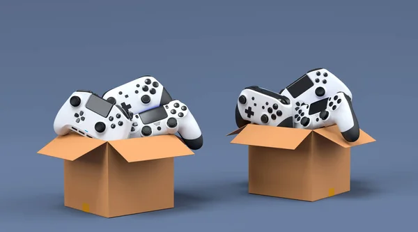 Set of gamer joysticks or gamepads in cardboard box on black background. 3d render concept of sale, discount, shopping and delivery of accessories for live streaming concept top view