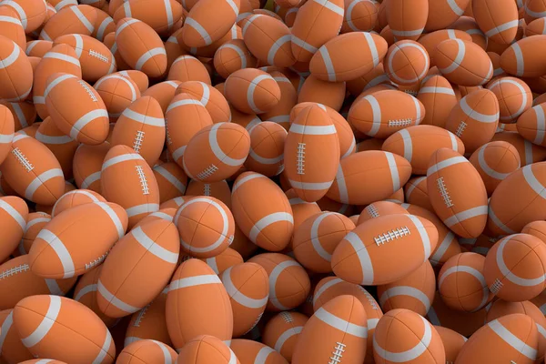 许多飞行的橙色美式足球落在白色的背景上 3D渲染用于团队游戏 运动和比赛的体育配件 — 图库照片