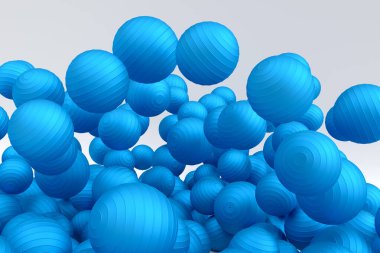 Çoğu uçan mavi fitness topu ya da beyaz arka plana düşen fitball topu. Pilates ve yoga için spor aksesuarları hazırlamak ya da yorgunluğu dindirmek ve rahatlatmak için egzersiz yapmak