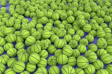 Birçok uçan yeşil basketbol topu menekşe arka planına düşüyor. Takım oyunu, egzersiz ve yarışma için 3D spor aksesuarları hazırlamaName