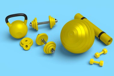 Yoga minderi, kettlebell, fitness topu ve mavi arka plandaki akıllı saatler gibi spor malzemelerinin farklı bir görüntüsü. Güç kaldırma ve zindelik kavramının 3 boyutlu canlandırması