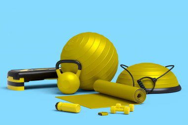 Yoga minderi, kettlebell, fitness topu ve mavi arka plandaki akıllı saatler gibi spor malzemelerinin farklı bir görüntüsü. Güç kaldırma ve zindelik kavramının 3 boyutlu canlandırması