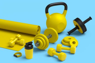 Yoga minderi, kettlebell, fitness topu ve mavi arka plandaki akıllı saatler gibi spor malzemelerinin farklı bir görüntüsü. Güç kaldırma ve zindelik kavramının 3 boyutlu canlandırması