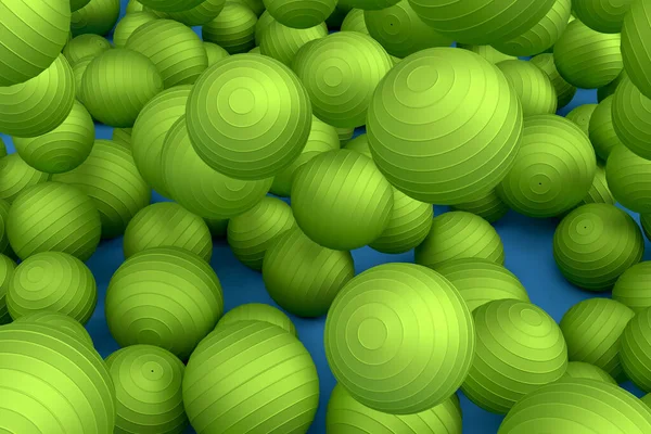 Many of flying green fitness ball or fitball falling on blue background. 3d render of sport accessories for practicing Pilates and yoga or exercise to relax and relieve fatigue