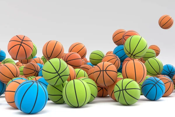 Mnoho Létání Vícebarevný Basketbal Pádu Bílém Pozadí Provedení Sportovního Příslušenství — Stock fotografie