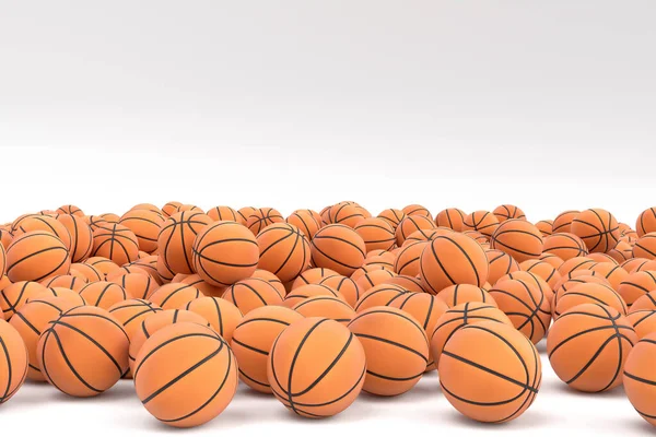 Many of flying orange basketball ball falling on white background. 3d render of sport accessories for team playing games, exercise and competition