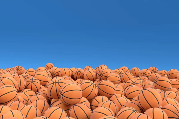 许多空投的橙色篮球落在蓝色的背景上 3D渲染用于团队游戏 运动和比赛的体育配件 — 图库照片