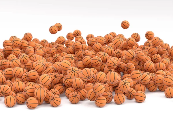Many of flying orange basketball ball falling on white background. 3d render of sport accessories for team playing games, exercise and competition