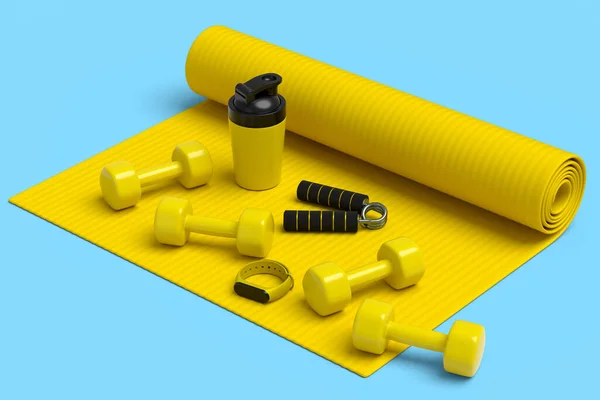 Isometric view of sport equipment like water battle, dumbbell and yoga mat on blue background. 3d render of power lifting and fitness concept
