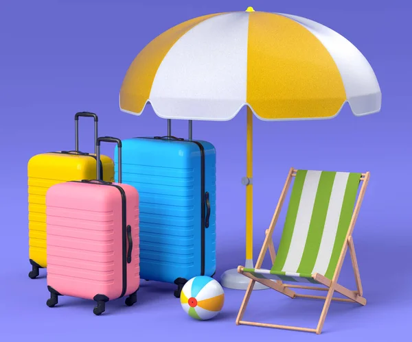 Colorful Suitcase Baggage Beach Accessories Violet Background Render Summer Vacation — Stock Photo, Image
