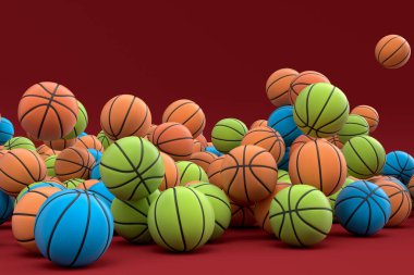 Birçok uçan renkli basketbol topu kırmızı zemine düşüyor. Takım oyunu, egzersiz ve yarışma için 3D spor aksesuarları hazırlamaName