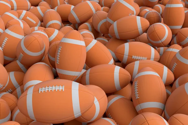 Many of flying orange american football ball falling on white background. 3d render of sport accessories for team playing games, exercise and competition