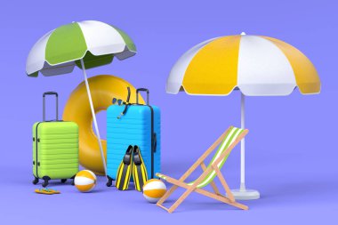 Renkli bavul ya da mor arka planda plaj aksesuarları olan bagaj. Yaz tatili konsepti ve tatillerinin 3 boyutlu canlandırması