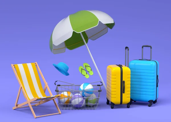 Plaj aksesuarları ve menekşe arka planda uçan alışveriş sepeti olan renkli bavullar. Yaz tatili konsepti ve tatillerinin 3 boyutlu canlandırması