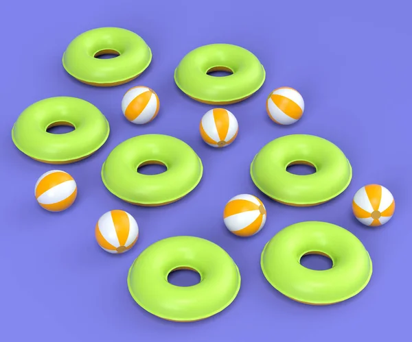Colorful inflatable rings and balls on violet background. 3D render of summer vacation concept and holidays