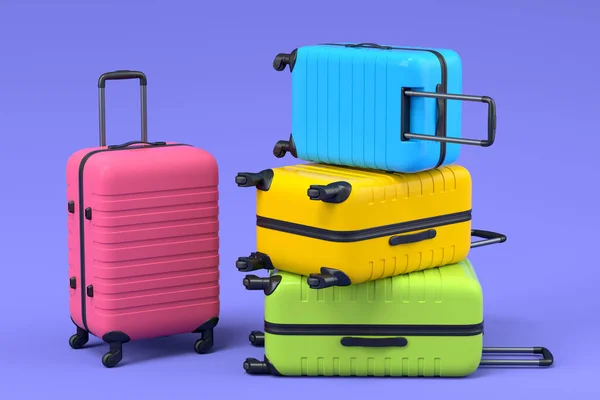Renkli Bavul Menekşe Arkaplanda Valiz Yaz Tatili Konsepti Tatillerinin Boyutlu — Stok fotoğraf