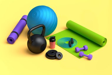 Yoga minderi, kettlebell, fitness topu ve sarı arka plandaki akıllı saatler gibi spor malzemelerinin farklı bir görüntüsü. Güç kaldırma ve zindelik kavramının 3 boyutlu canlandırması
