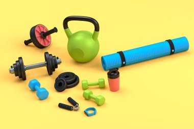 Yoga minderi, kettlebell, fitness topu ve sarı arka plandaki akıllı saatler gibi spor malzemelerinin farklı bir görüntüsü. Güç kaldırma ve zindelik kavramının 3 boyutlu canlandırması
