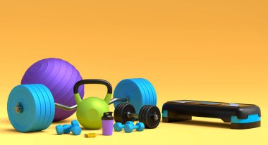 Yoga minderi, kettlebell, fitness topu ve sarı arka plandaki akıllı saatler gibi spor malzemelerinin farklı bir görüntüsü. Güç kaldırma ve zindelik kavramının 3 boyutlu canlandırması