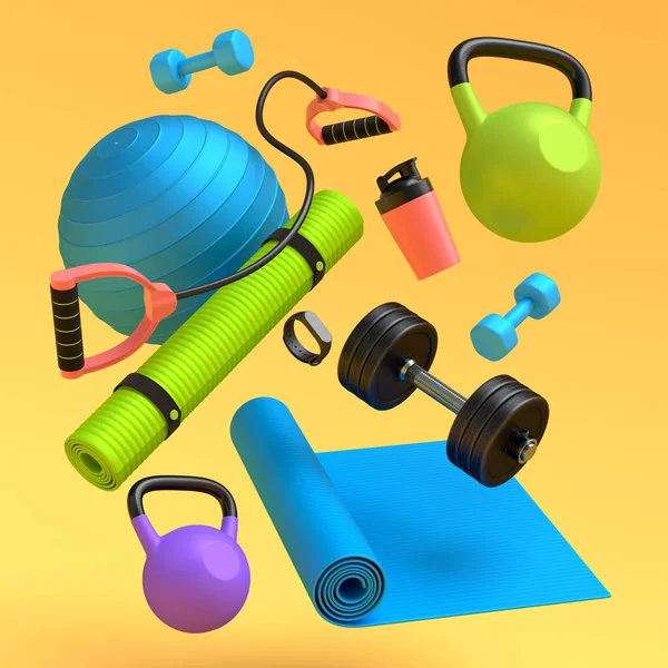Flying Sport Equipment Yoga Mat Kettlebell Fitness Ball Smart Watches — Stock Photo, Image