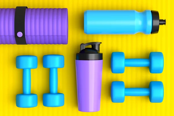 Isometrische Ansicht Von Sportgeräten Wie Yogamatte Hantel Wasserflasche Und Smart — Stockfoto