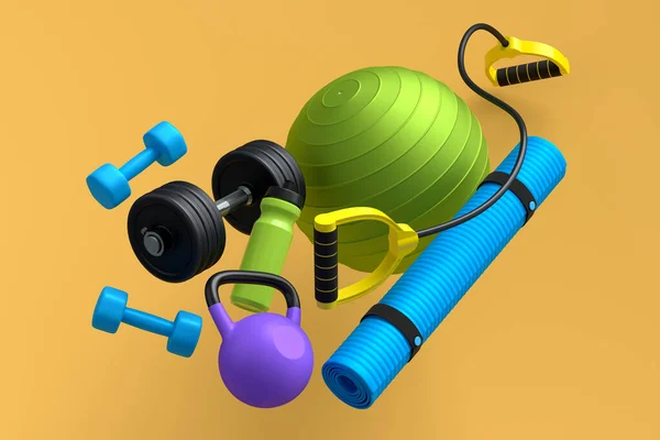 如瑜伽垫 水壶铃 健身球和黄色背景的智能手表等飞行运动器材 3D渲染动力升降概念 — 图库照片
