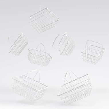 Tek renkli arka planda süpermarketten uçan metal tel alışveriş sepeti seti. 3D canlandırma konsepti online alışveriş ve Kara Cuma indirimi