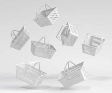 Tek renkli arka planda süpermarketten alınmış uçan plastik alışveriş sepeti seti. 3D canlandırma konsepti online alışveriş ve Kara Cuma indirimi